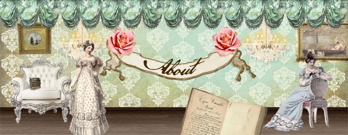 An old-fashioned Regency-like image in a Regency sitting room. The word about sits in the middle held up by a vintage banner. A vintage book is below it.