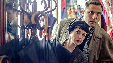 Jessica Raine and David Walliams as Tommy and Tuppence. Photo credit: BBC One.