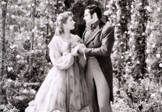 Greer Garson as Elizabeth Bennet and Laurence Olivier as Mr. Darcy in the 1940 adaptation of Pride and Prejudice.