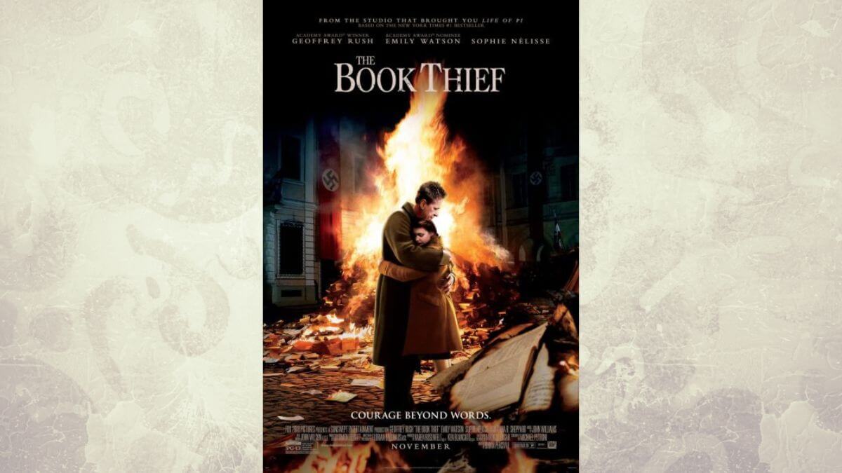 the book thief review featured image showing the movie poster with a victorian background