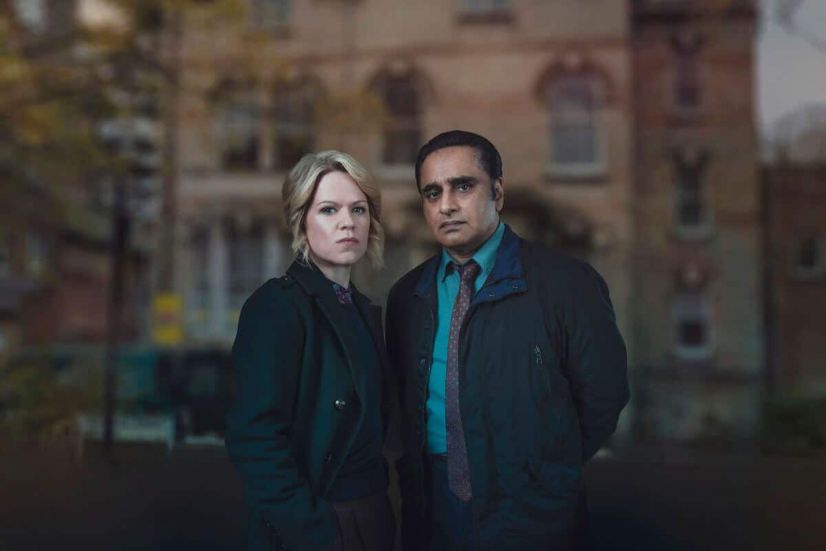 Unforgotten Season 5 promo image with DCI Jess James (SINÉAD KEENAN) & DI Sunny Khan (SANJEEV BHASKAR).